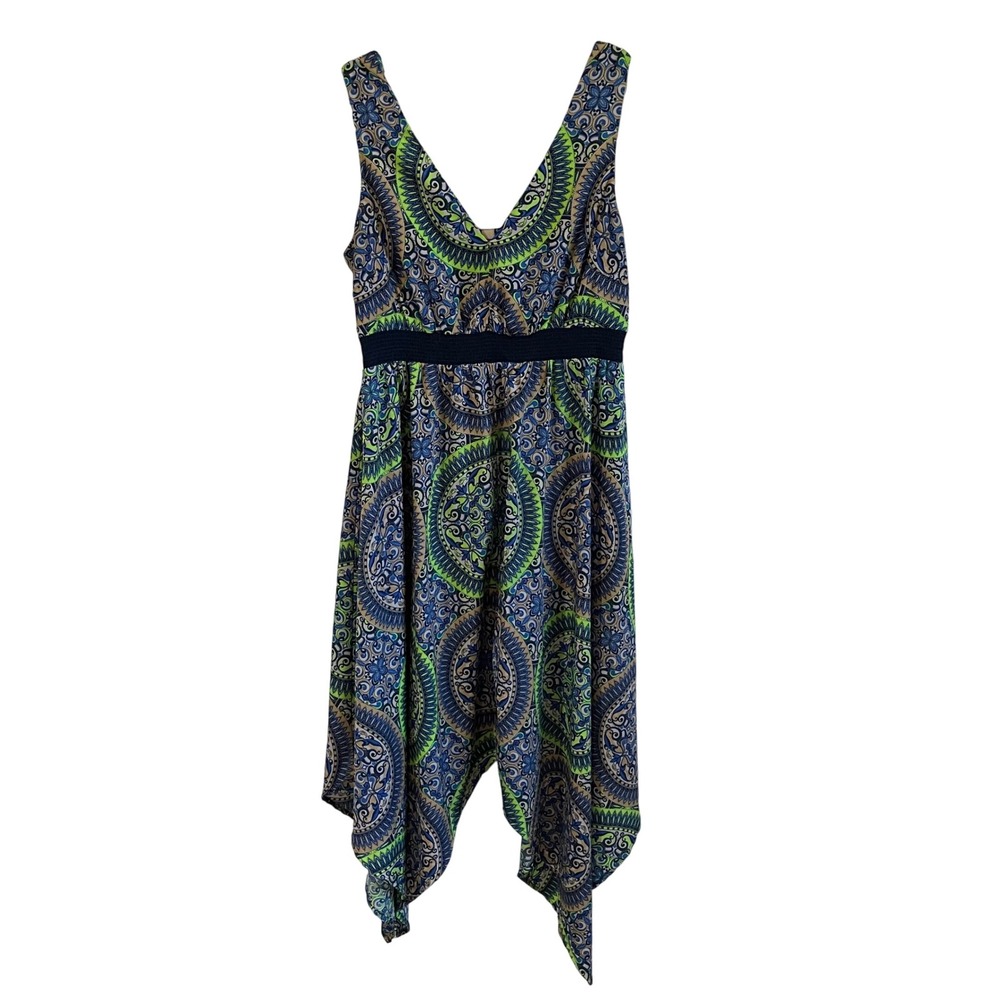 Route 66 Sleeveless Handkerchief Dress Medium Blue Green Paisley Casual Boho Y2K